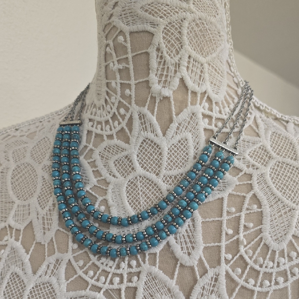 Lucky Brand Necklace Multi-Strand Silver Tone Faux Turquoise